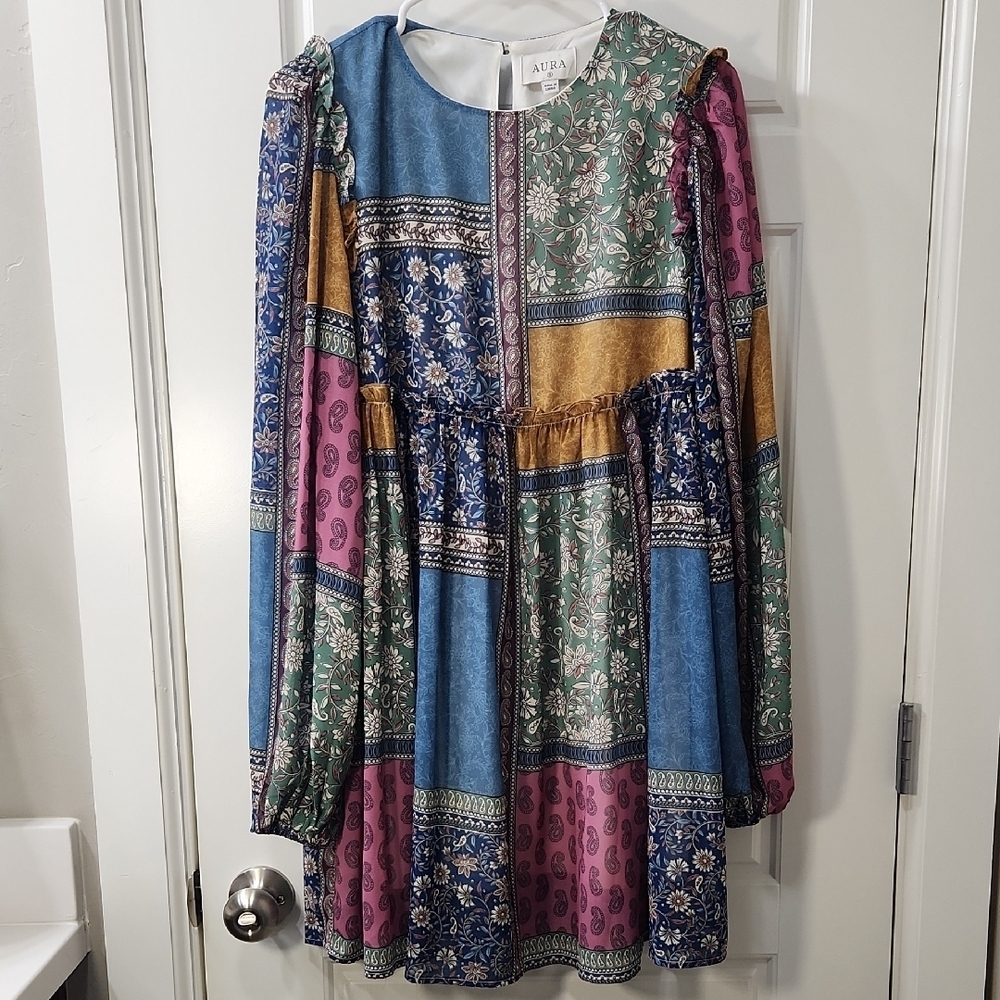 Aura Patchwork Print Long Sleeve Mini Dress - Small